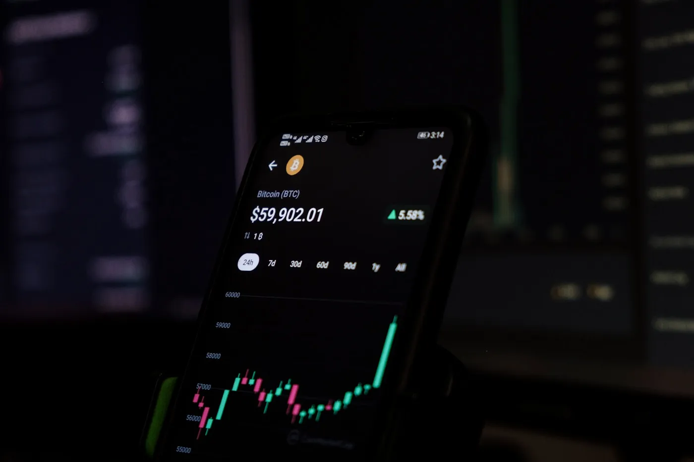 Stock photo of a person holding a phone with a price chart on screen, not a fomo screenshot